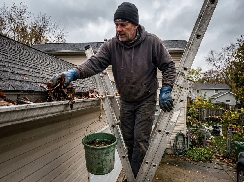 Man cleaning leaves out of a gutter from a ladder