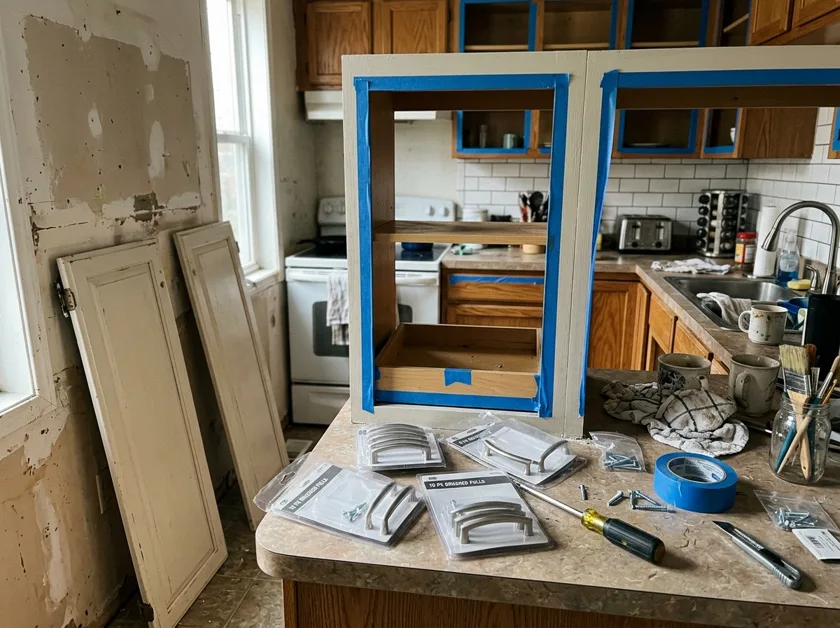 Kitchen mid-refresh with cabinet doors removed