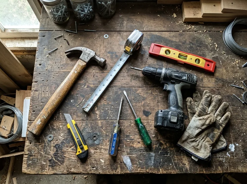Homeowner tools laid out on a workbench