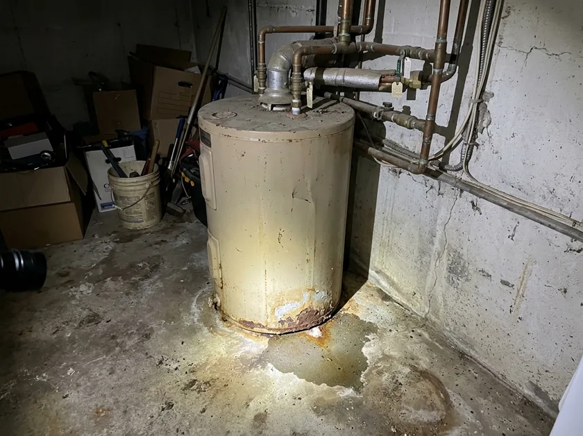 Old water heater with rust at the base