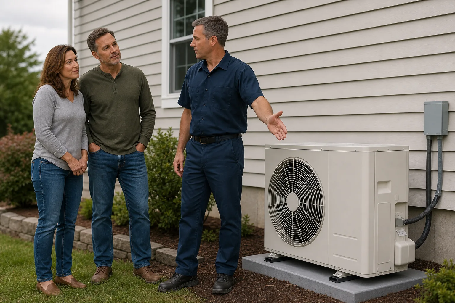 Homeowners learning about a newly installed heat pump